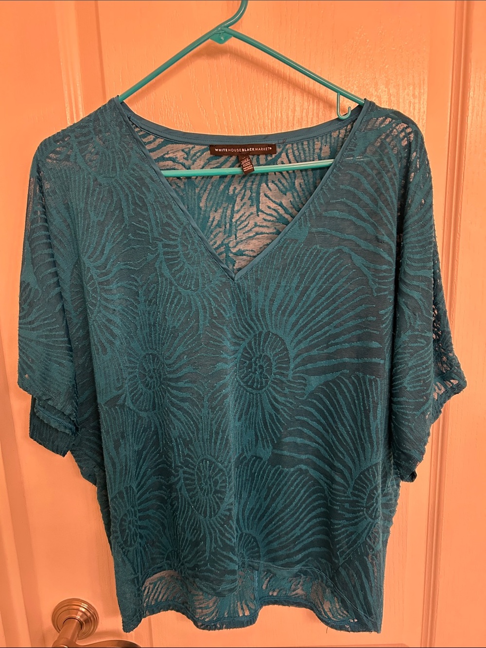 White House Black Market Teal Sheer V-Neck Floral Lace Tunic